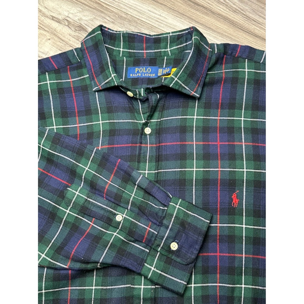 Polo Ralph Lauren Mens 2XB Flannel Shirt Green Navy Plaid Black Watch Tartan